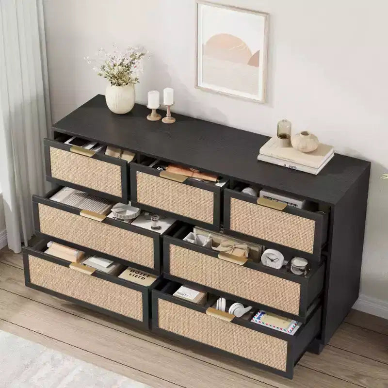 Commode en rotin à 7 tiroirs, 140 cm de large, 7 tiroirs avec poignées métalliques