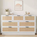 Rattan 7 Drawer Dresser, 55in Wide 7 Chest of Drawers with Metal Handles and Wooden Sturdy Base for Bedroom Living Room Nursery