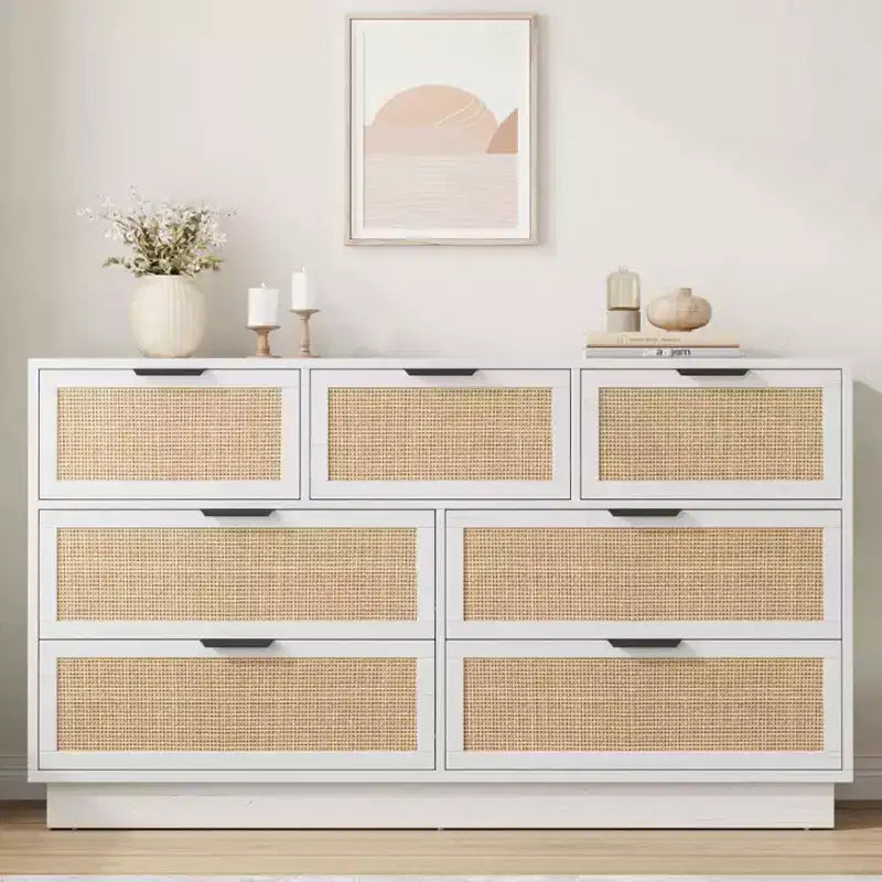 Rattan 7 Drawer Dresser, 55in Wide 7 Chest of Drawers with Metal Handles and Wooden Sturdy Base for Bedroom Living Room Nursery