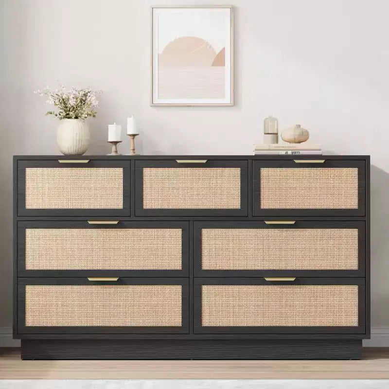 Commode en rotin à 7 tiroirs, 140 cm de large, 7 tiroirs avec poignées métalliques