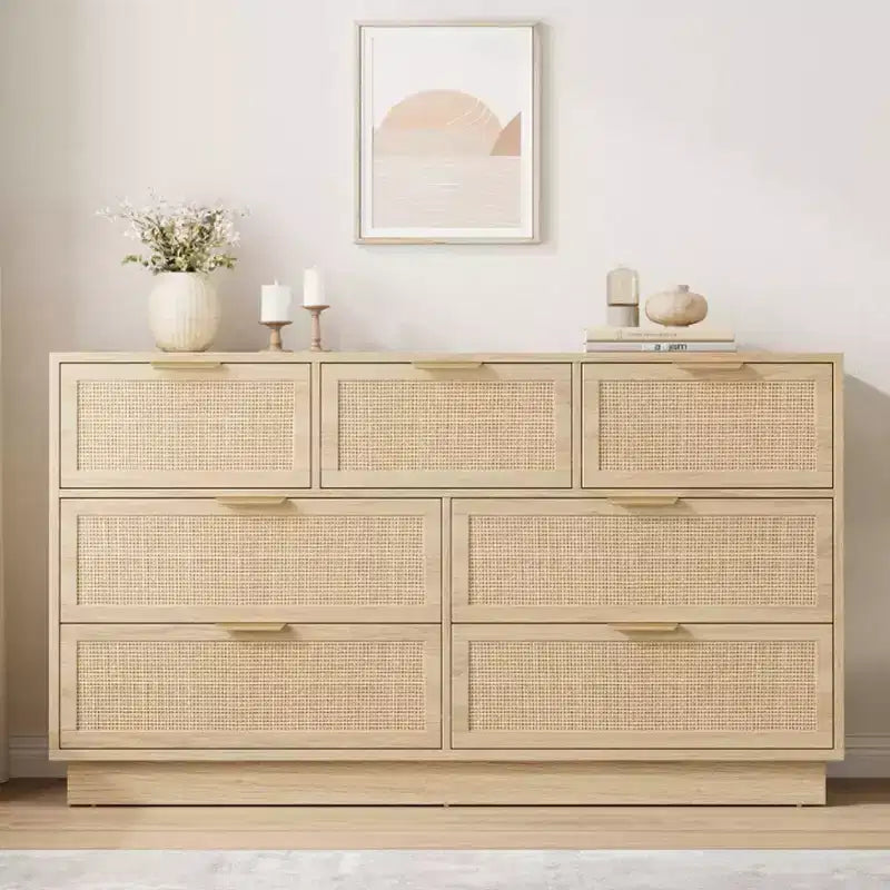 Commode en rotin à 7 tiroirs, 140 cm de large, 7 tiroirs avec poignées métalliques