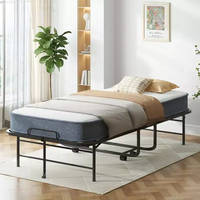 Mjkone Folding Bed with 5''Mattress,Portable Guest Bed Camping Cot,Soft Padded Rollaway Sleeping Bed with Wheels,Twin Size