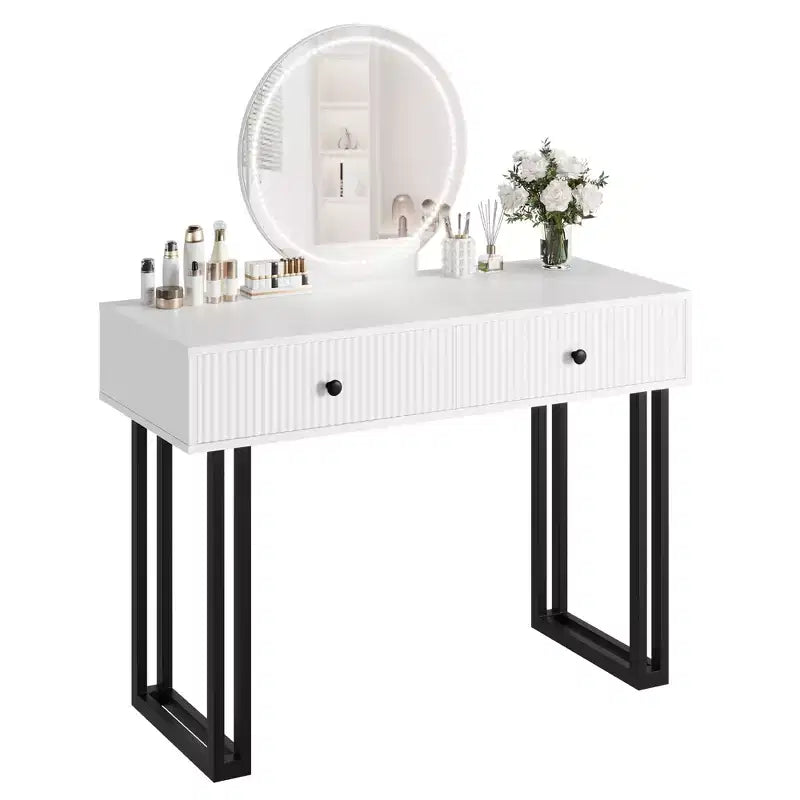Double-Drawer Round Mirror Vanity Table - Modern Style Vanity Table with Lighting, Sturdy Iron Frame, MDF Construction, Two Spacious Drawers