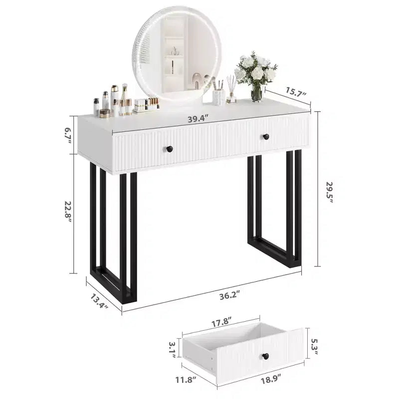Coiffeuse moderne avec miroir rond, double tiroir et éclairage