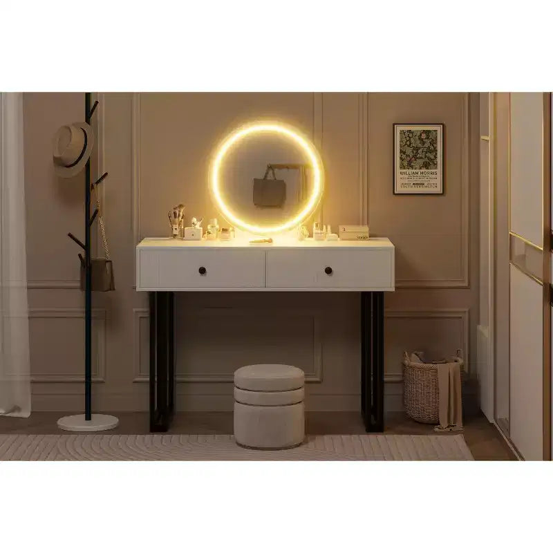 Coiffeuse moderne avec miroir rond, double tiroir et éclairage