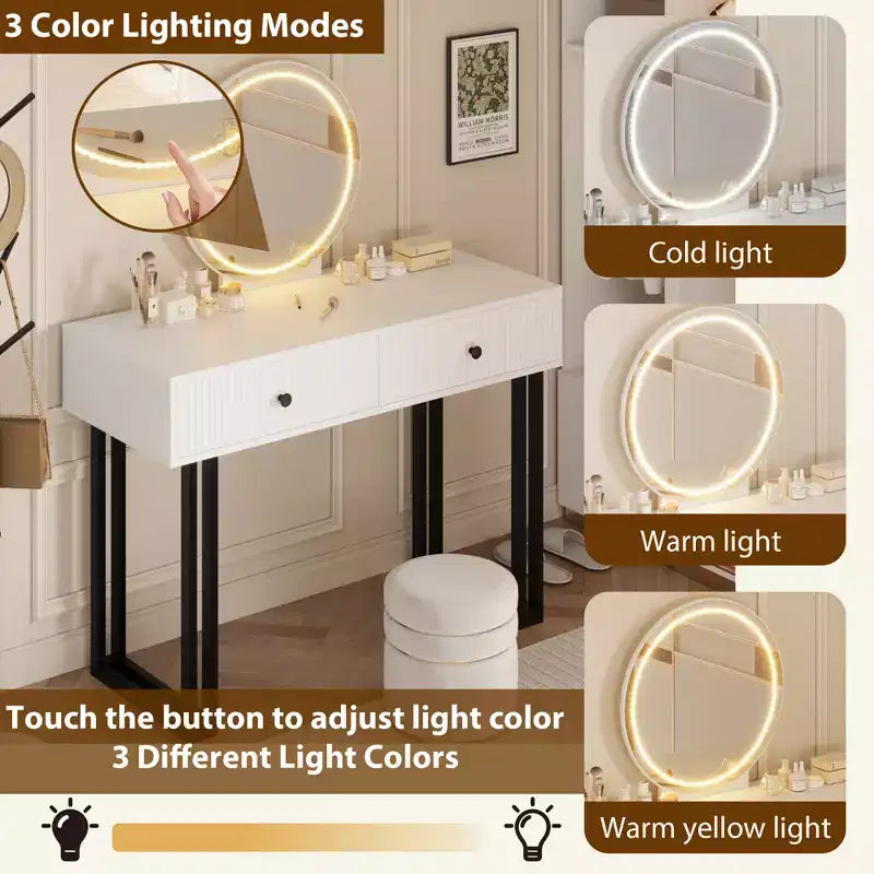Coiffeuse moderne avec miroir rond, double tiroir et éclairage