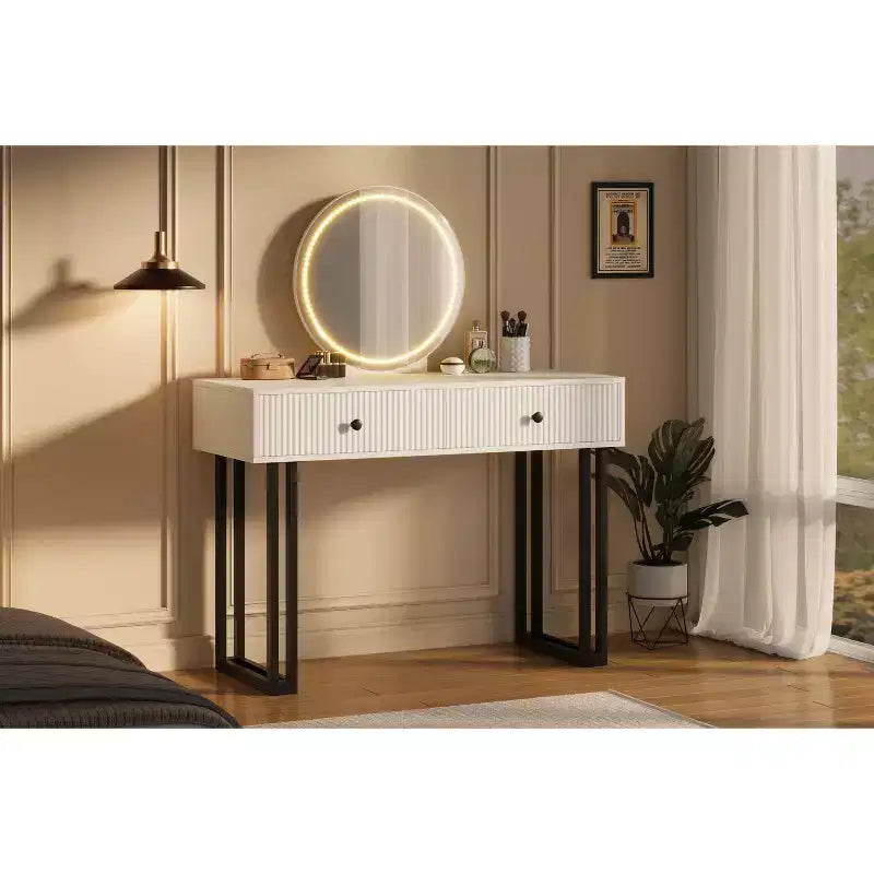 Coiffeuse moderne avec miroir rond, double tiroir et éclairage