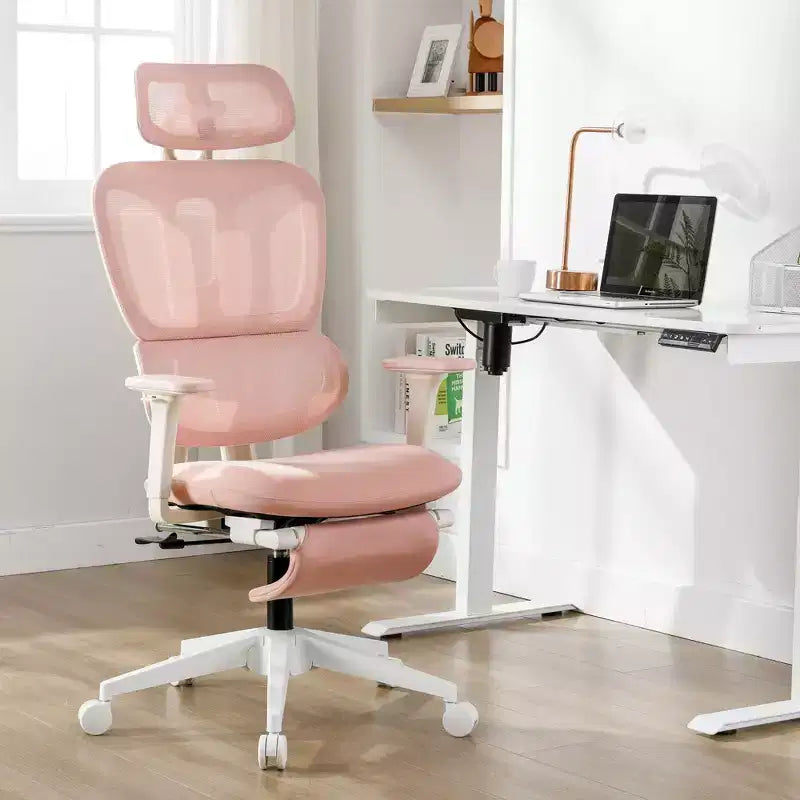 Chaise de bureau en maille rose avec repose-pieds, accoudoirs réglables, support lombaire et appui-tête