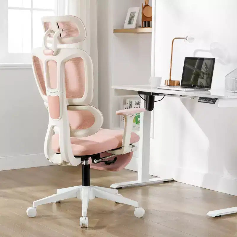Chaise de bureau en maille rose avec repose-pieds, accoudoirs réglables, support lombaire et appui-tête