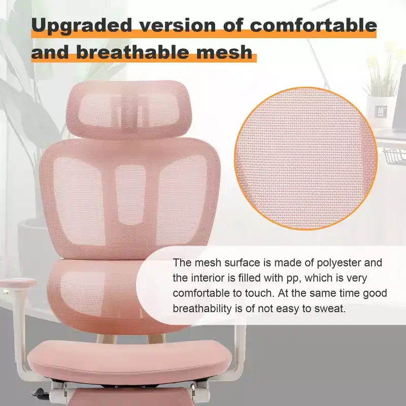 Chaise de bureau en maille rose avec repose-pieds, accoudoirs réglables, support lombaire et appui-tête