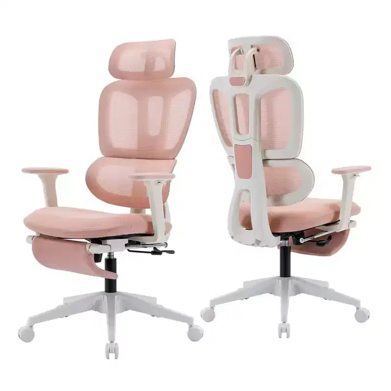 Chaise de bureau en maille rose avec repose-pieds, accoudoirs réglables, support lombaire et appui-tête