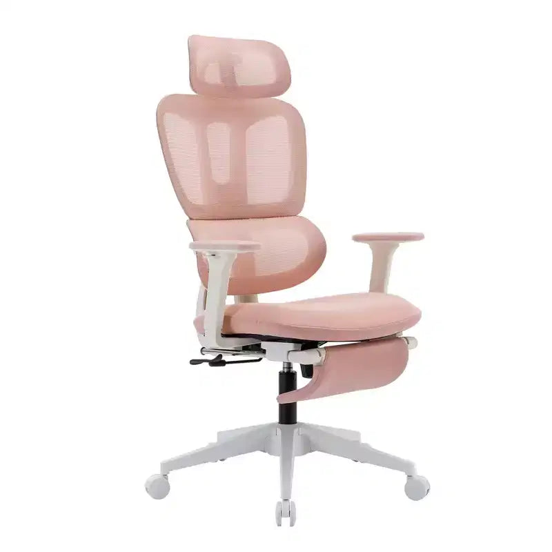 Chaise de bureau en maille rose avec repose-pieds, accoudoirs réglables, support lombaire et appui-tête