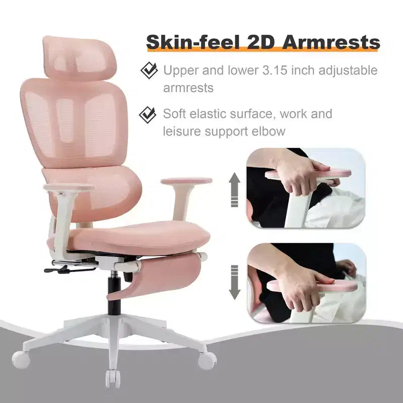 Chaise de bureau en maille rose avec repose-pieds, accoudoirs réglables, support lombaire et appui-tête