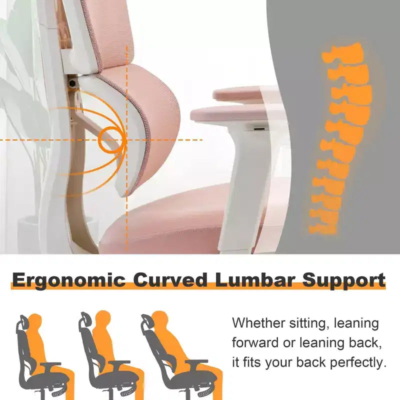 Chaise de bureau en maille rose avec repose-pieds, accoudoirs réglables, support lombaire et appui-tête