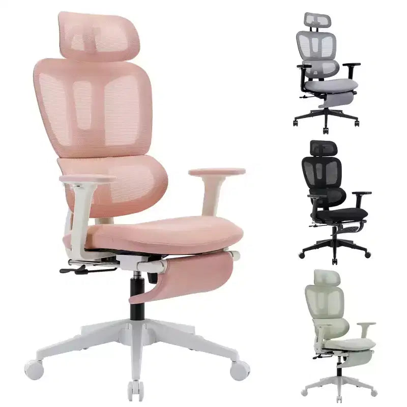 Chaise de bureau en maille rose avec repose-pieds, accoudoirs réglables, support lombaire et appui-tête