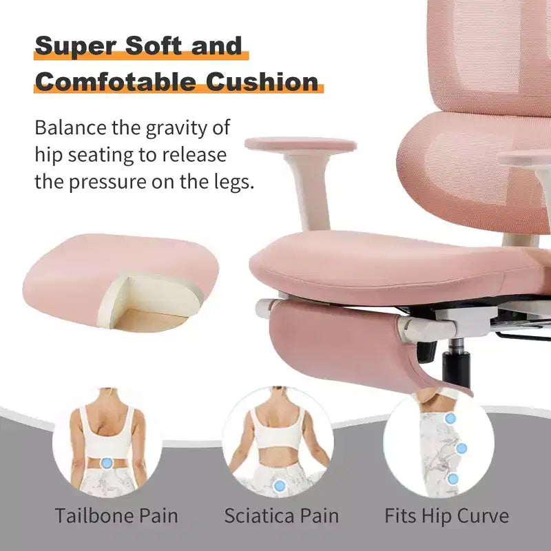 Chaise de bureau en maille rose avec repose-pieds, accoudoirs réglables, support lombaire et appui-tête