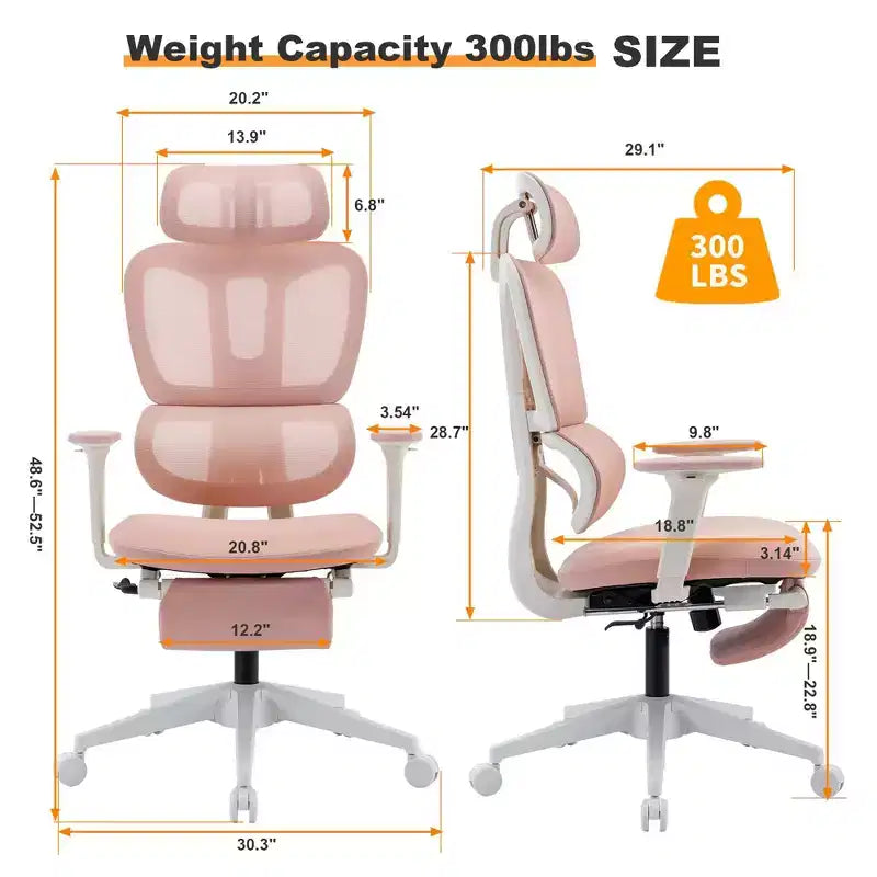 Chaise de bureau en maille rose avec repose-pieds, accoudoirs réglables, support lombaire et appui-tête