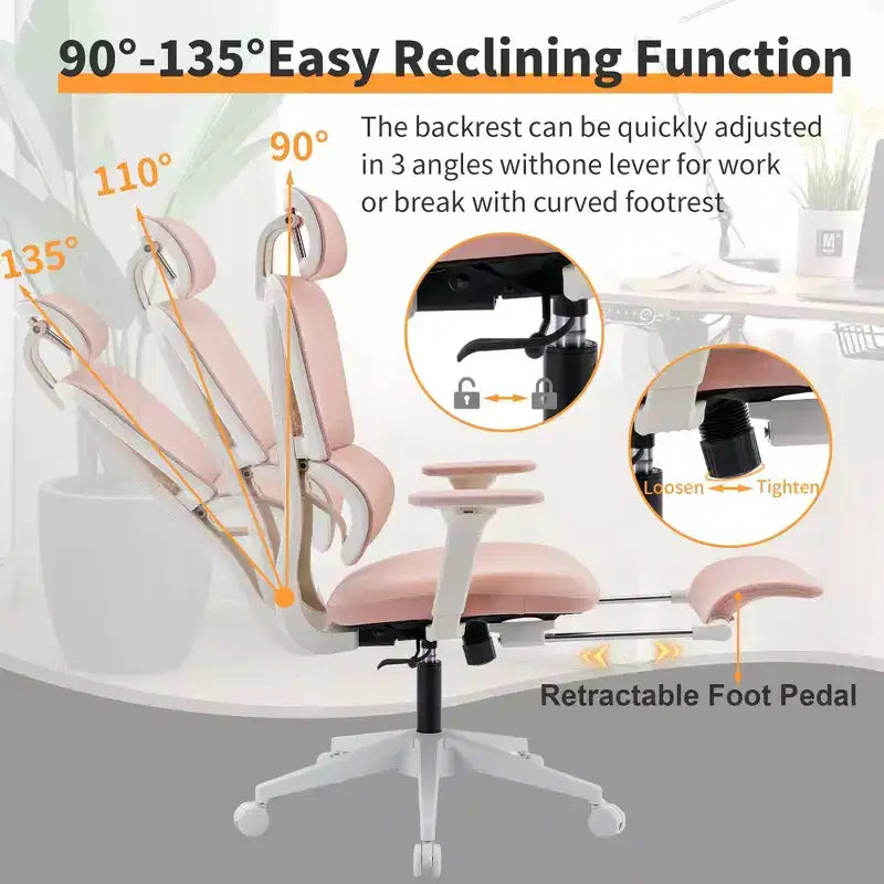 Chaise de bureau en maille rose avec repose-pieds, accoudoirs réglables, support lombaire et appui-tête