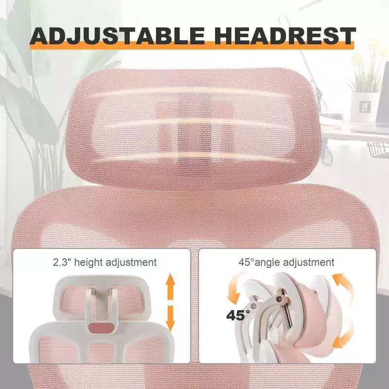 Chaise de bureau en maille rose avec repose-pieds, accoudoirs réglables, support lombaire et appui-tête