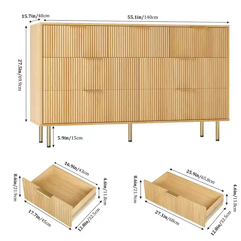 Commode cannelée à 7 tiroirs avec poignées dorées, organisateur de rangement moderne