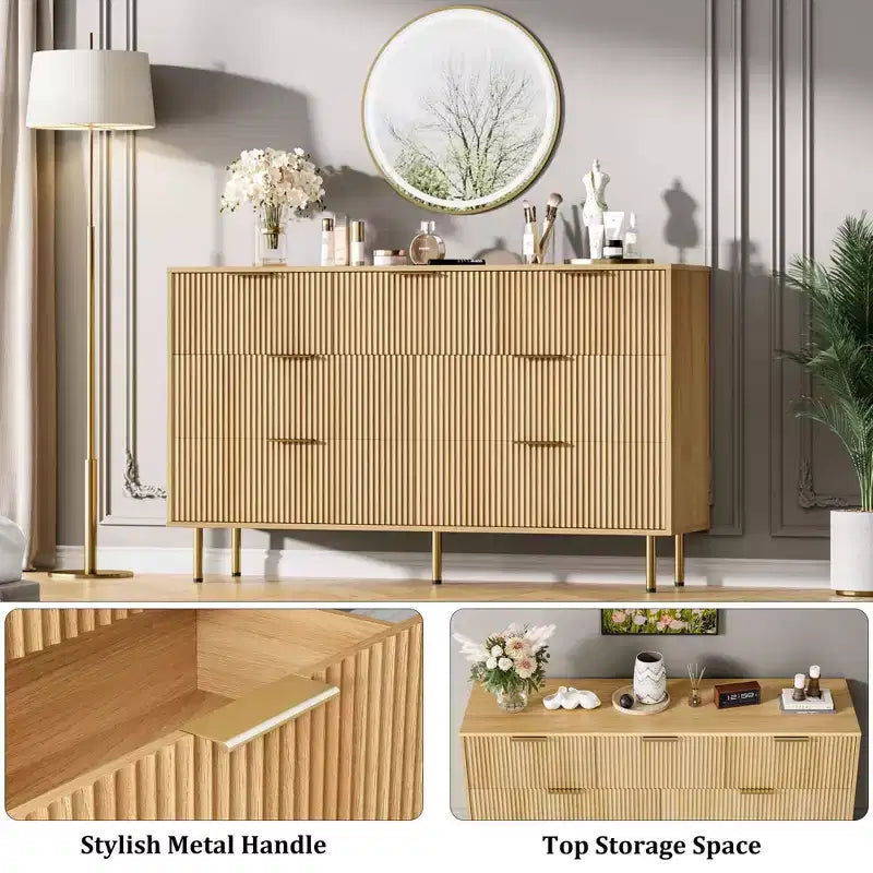 Commode cannelée à 7 tiroirs avec poignées dorées, organisateur de rangement moderne