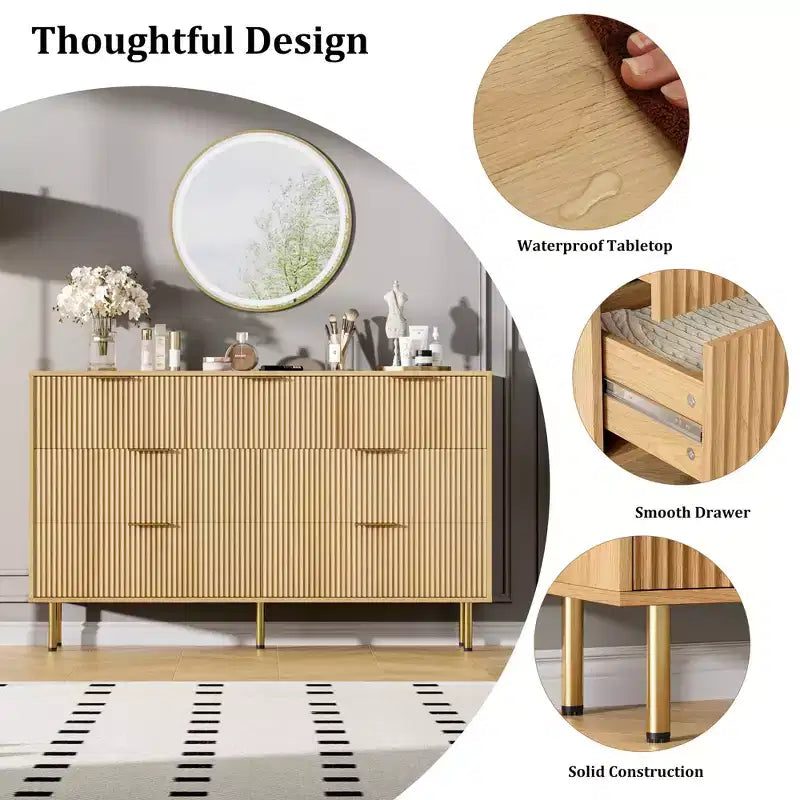 Commode cannelée à 7 tiroirs avec poignées dorées, organisateur de rangement moderne