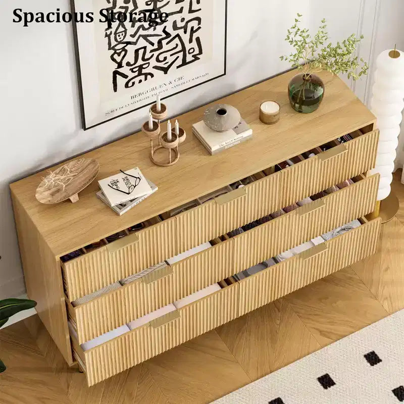 Commode cannelée à 7 tiroirs avec poignées dorées, organisateur de rangement moderne