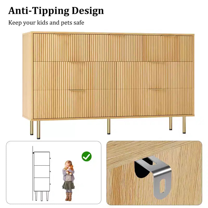 Commode cannelée à 7 tiroirs avec poignées dorées, organisateur de rangement moderne