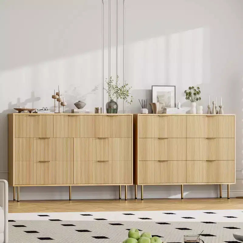 Commode cannelée à 7 tiroirs avec poignées dorées, organisateur de rangement moderne