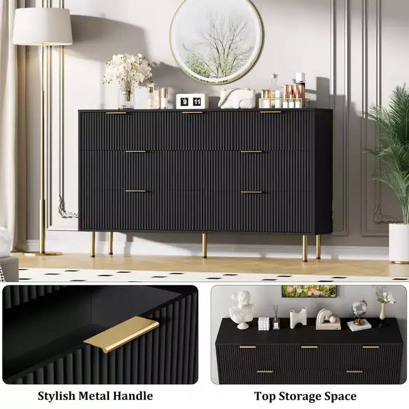 Commode cannelée à 7 tiroirs avec poignées dorées, organisateur de rangement moderne