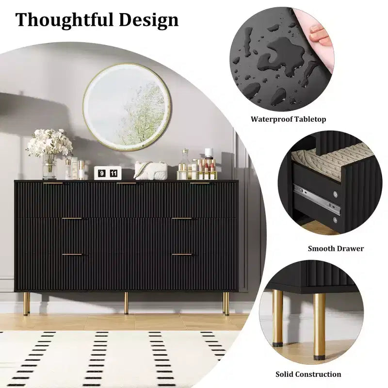 Commode cannelée à 7 tiroirs avec poignées dorées, organisateur de rangement moderne
