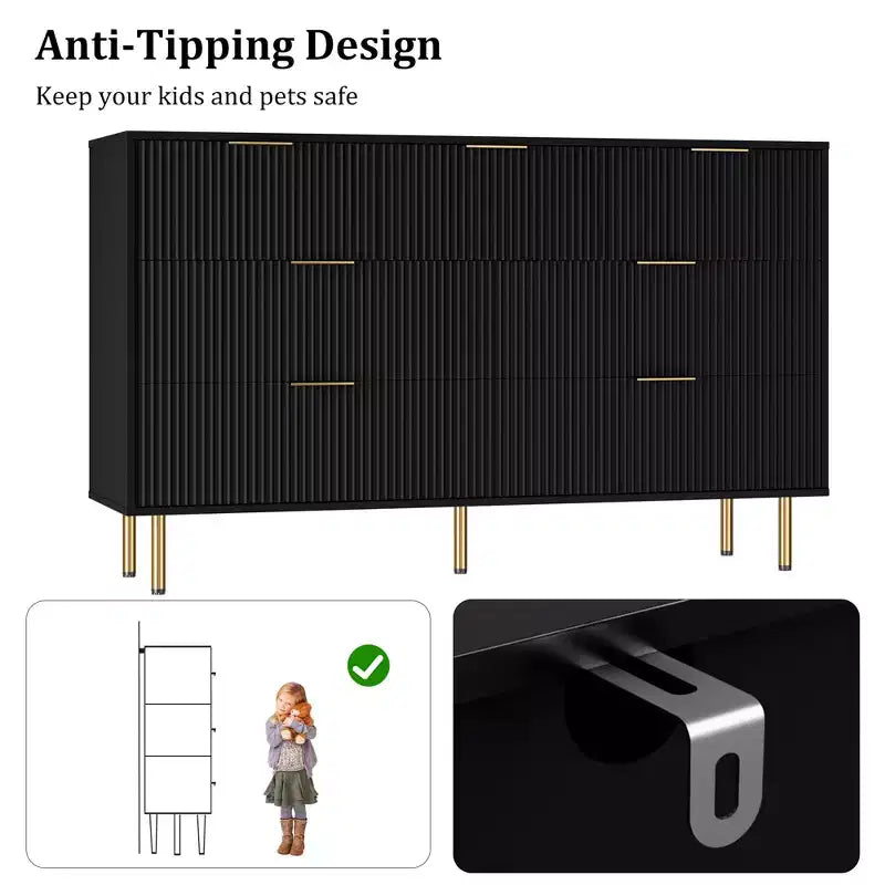 Commode cannelée à 7 tiroirs avec poignées dorées, organisateur de rangement moderne