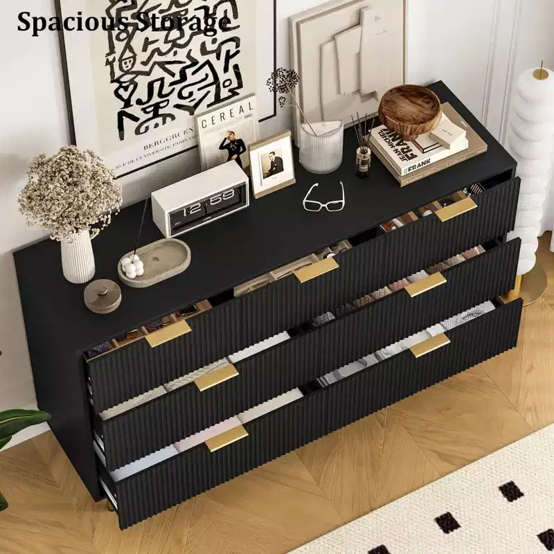 Commode cannelée à 7 tiroirs avec poignées dorées, organisateur de rangement moderne