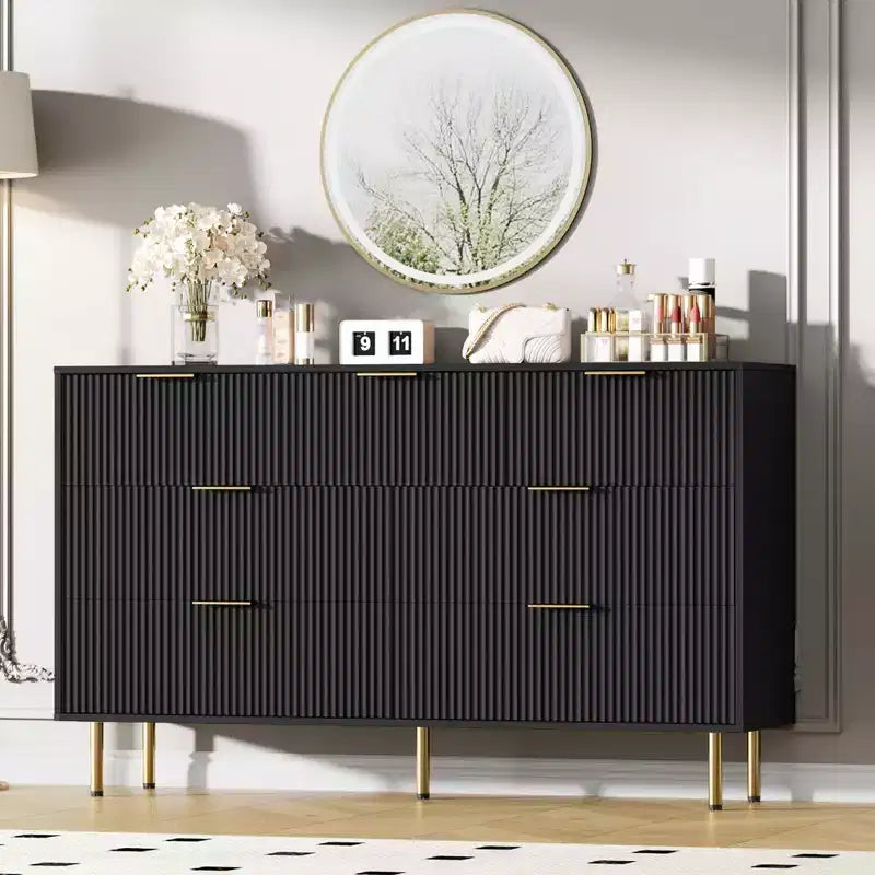 Commode cannelée à 7 tiroirs avec poignées dorées, organisateur de rangement moderne