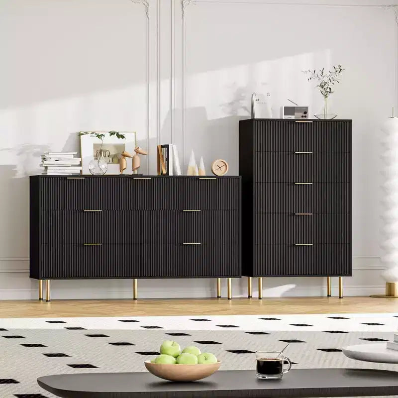 Commode cannelée à 7 tiroirs avec poignées dorées, organisateur de rangement moderne