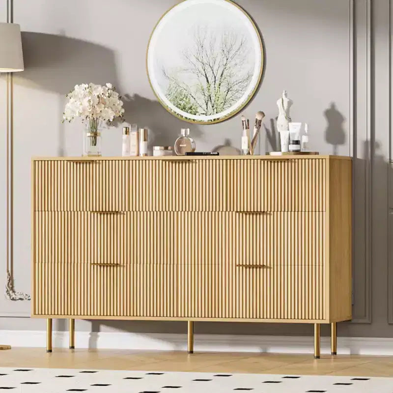 Commode cannelée à 7 tiroirs avec poignées dorées, organisateur de rangement moderne