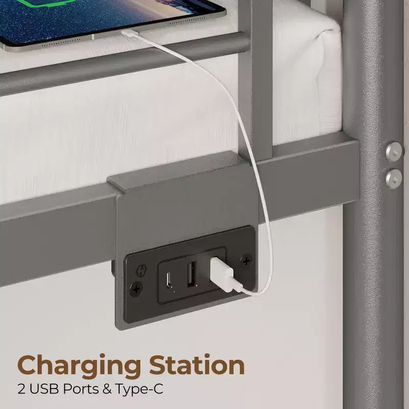 Lit superposé en métal, cadre de lit avec tiroirs de rangement, station de charge et lumière LED