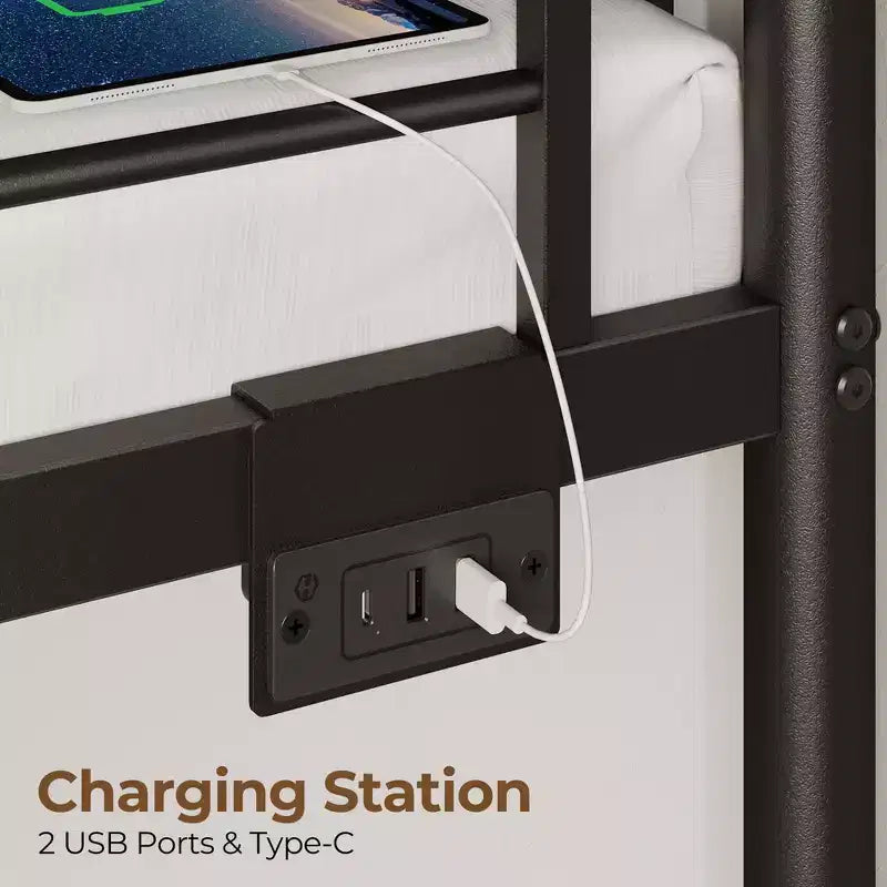Lit superposé en métal, cadre de lit avec tiroirs de rangement, station de charge et lumière LED