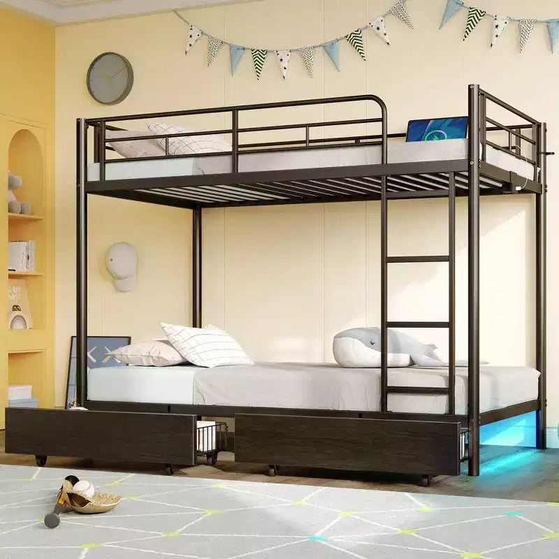Greenstell Metal Bunk Bed, Bed Frame with Storage Drawers & Charging Station and LED Light ,with Safety Guardrail & Ladders Black