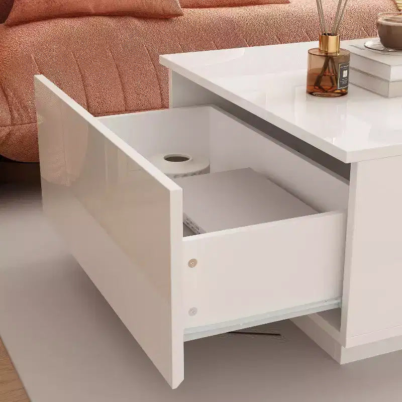 Table basse à LED blanc brillant avec rangement multi-zone et tiroir