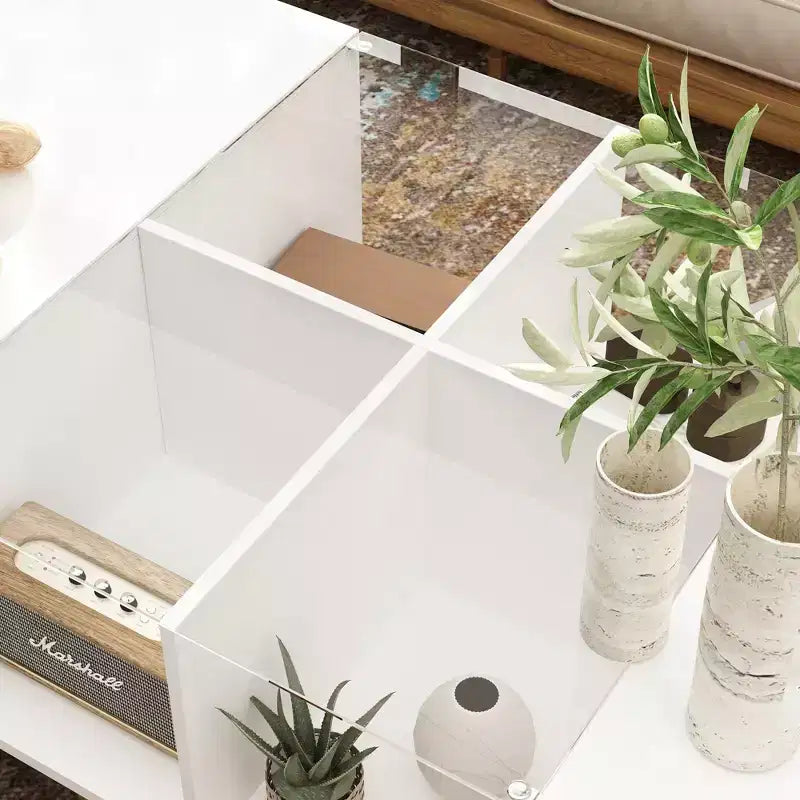 Table basse à LED blanc brillant avec rangement multi-zone et tiroir