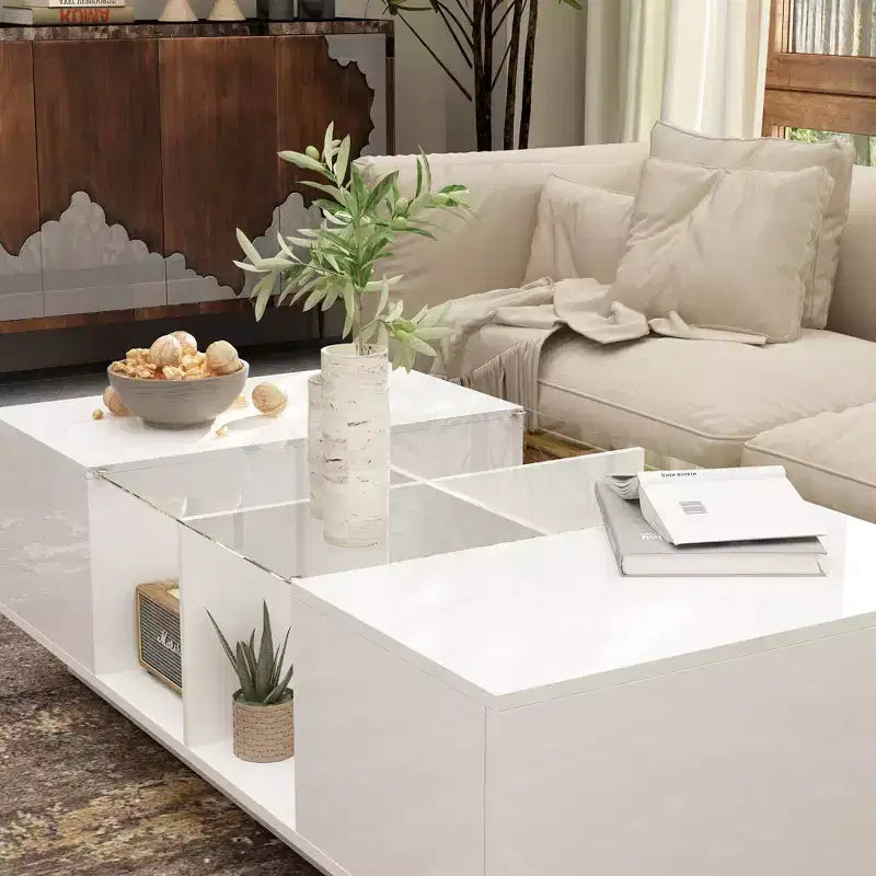 Table basse à LED blanc brillant avec rangement multi-zone et tiroir
