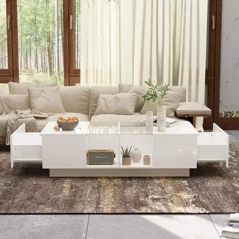Table basse à LED blanc brillant avec rangement multi-zone et tiroir