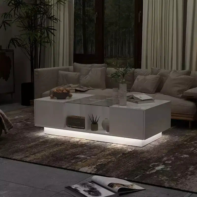 Table basse à LED blanc brillant avec rangement multi-zone et tiroir