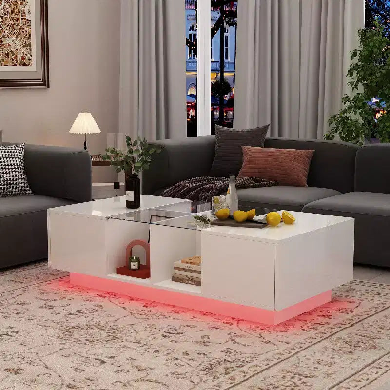 Table basse à LED blanc brillant avec rangement multi-zone et tiroir