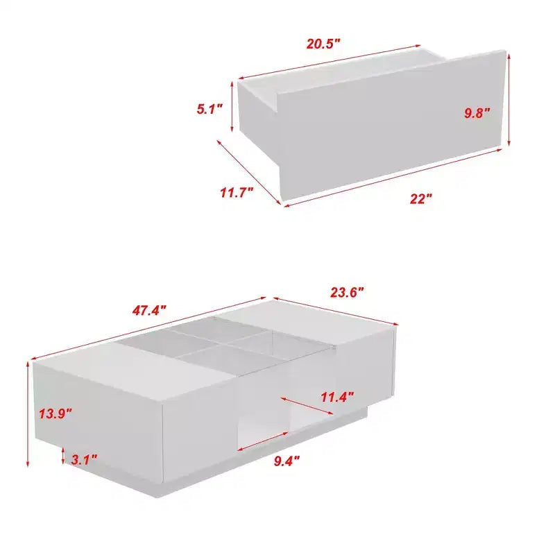 Table basse à LED blanc brillant avec rangement multi-zone et tiroir