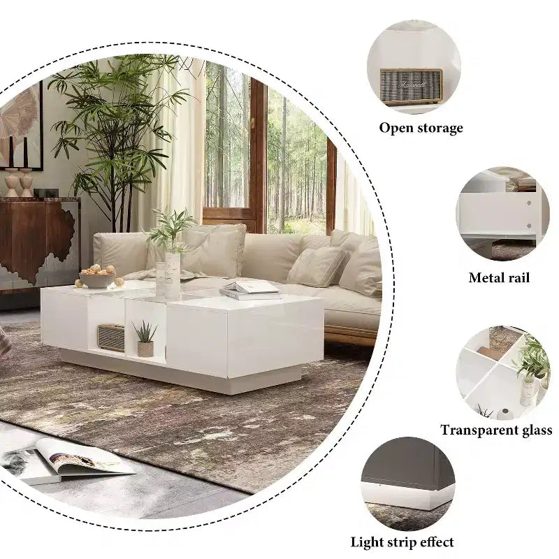 Table basse à LED blanc brillant avec rangement multi-zone et tiroir