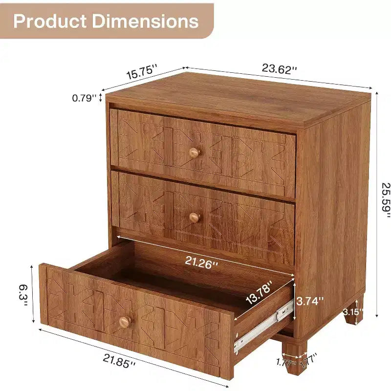 Table de chevet avec 3 tiroirs, Table de chevet de ferme avec motifs élégants