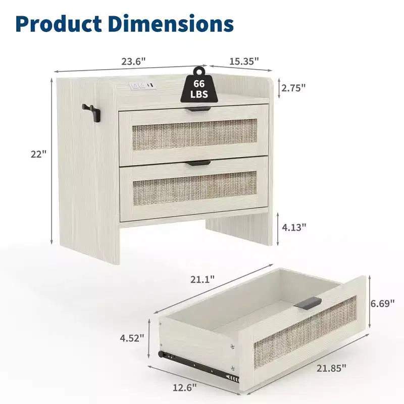 Table de chevet en rotin, tables de nuit avec station de recharge Type-C