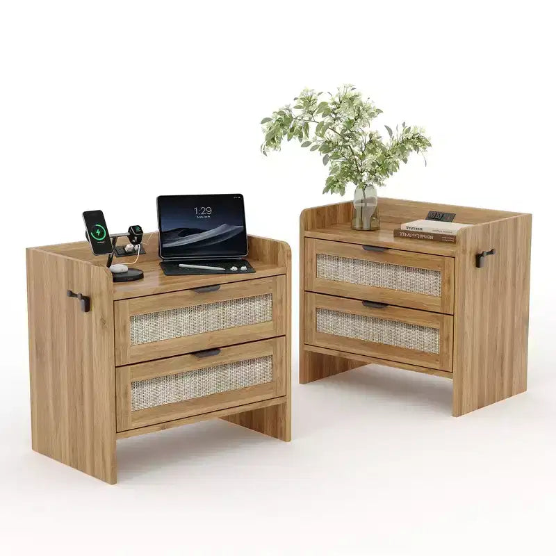 Rattan Nightstand Set of 2, Bedside Tables with Type-C Charging Station, Boho Night Stands with 2 Rattan-Style Drawers, End Tables for Bedroom